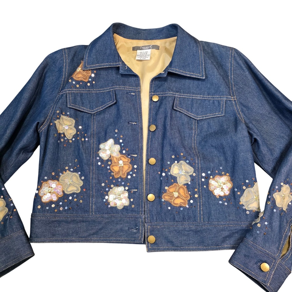 Maggy L Petite Small Denim Jacket Embellished Floral Sequin‎ Flowers Blue